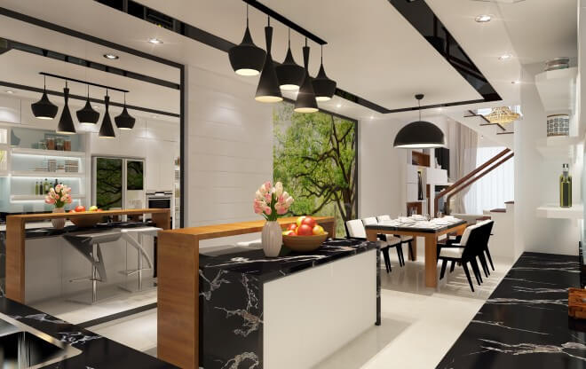 Phòng bếp trong căn nhà 4 tầng được tô điểm hai màu chủ đạo đen trắng trẻ trung sau khi Sửa chữa nhà 4 tầng 70m2 cho 5 người ở