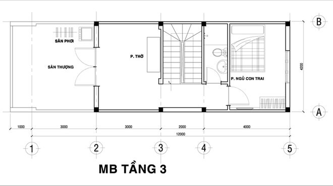 Thiết kế nhà ống, Phòng thờ, phòng ngủ con trai, khu giặt phơi trên tầng 3