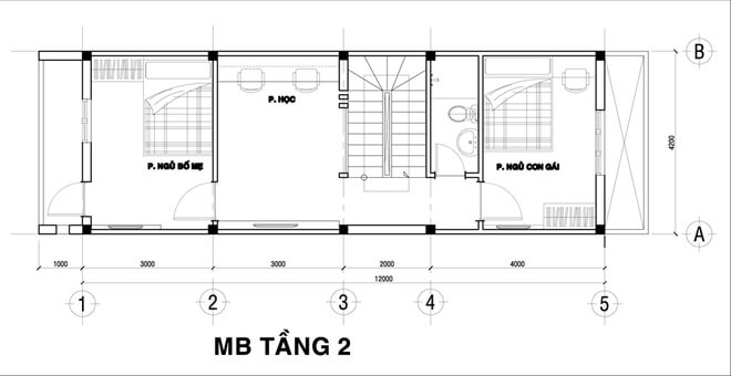 Thiết kế nhà ống, Phòng ngủ cho bố mẹ, phòng học (làm việc) và phòng ngủ của con gái bố trí trên tầng 2
