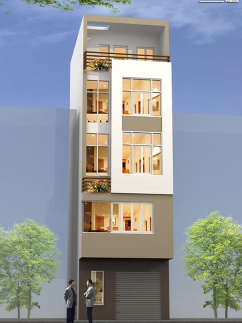Sơn mặt tiền nhà phố nhỏ hẹp bằng gam màu trắng hoặc màu kem cho mặt tiền, tạo cảm giác rộng rãi hơn.