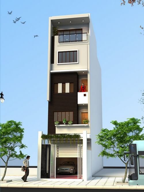 Sơn mặt tiền nhà phố 5 tầng, màu sắc đối lập sẽ tạo ra nhiều sự chú ý hơn đến đường nét kiến trúc của ngôi nhà.