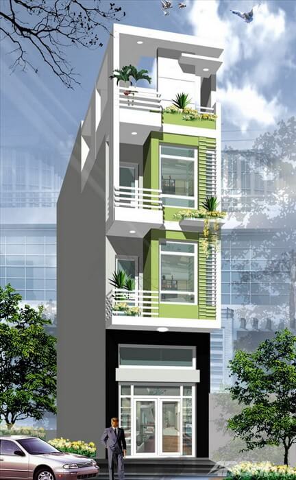 Sơn mặt tiền nhà phố màu trắng và xanh cốm kết hợp hài hòa với nhau mang đến cảm giác mát mẻ, dễ chịu cho ngôi nhà.
