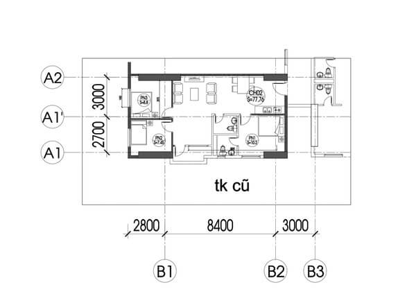 Mặt bằng hiện trạng trước khi cải tạo căn hộ.
