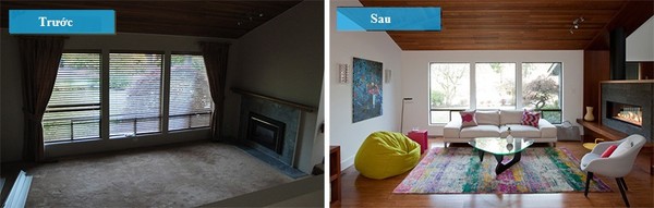 Trước cải tạo nhà cũ kỹ, không gian trông rất nhàm chán và tối. Sửa sang lại bằng cách treo thêm những bức tranh mới trên tường và làm lại trần nhà bằng gỗ.