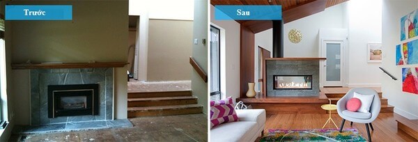Lò sưởi và các bậc để đi đến các khu vực khác của ngôi nhà. Chúng ta có thể thấy lò sưởi đã được nâng cao so với sàn nhà và nhìn hiện đại hơn, sau cải tạo nhà cũ kỹ này.