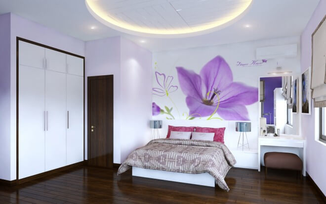 Thiết kế nhà 5 tầng với phòng ngủ con với tông màu trắng - tím nhẹ nhàng, nữ tính.