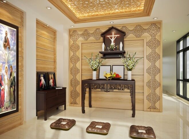 Phòng thờ sử dụng chất liệu gỗ mang đến vẻ trang nghiêm trong mẫu thiết kế nhà 5 tầng.
