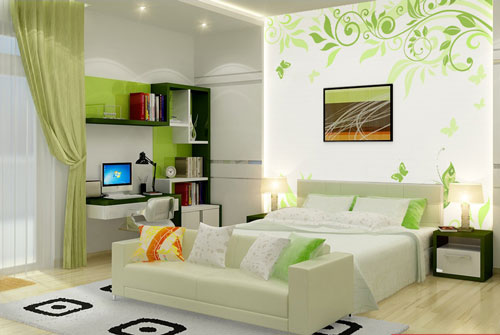 Tường phòng ngủ nhà chung cư sẽ nhẹ nhàng, lãng mạn hơn khi được treo tranh hay dán giấy.
