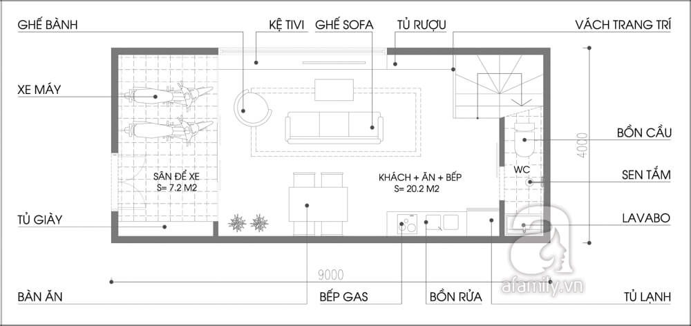 Mặt bằng thiết kế nhà 3 tầng.