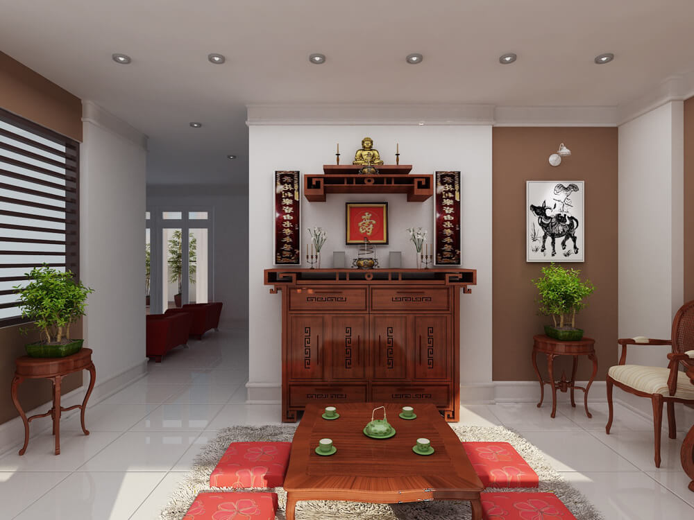 Phòng thờ trong mẫu thiết kế nhà 3 tầng, thanh tịnh, màu sắc trang nhã.
