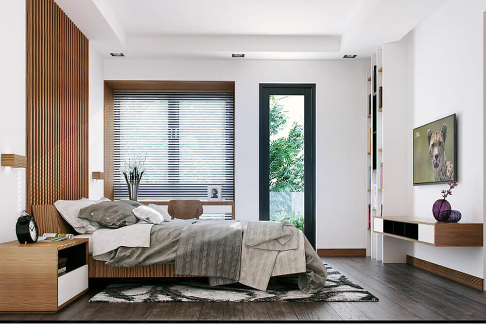 Thiết kế nhà ống 1 tầng, với phòng ngủ bố mẹ với gam màu trang nhã hiện đại.